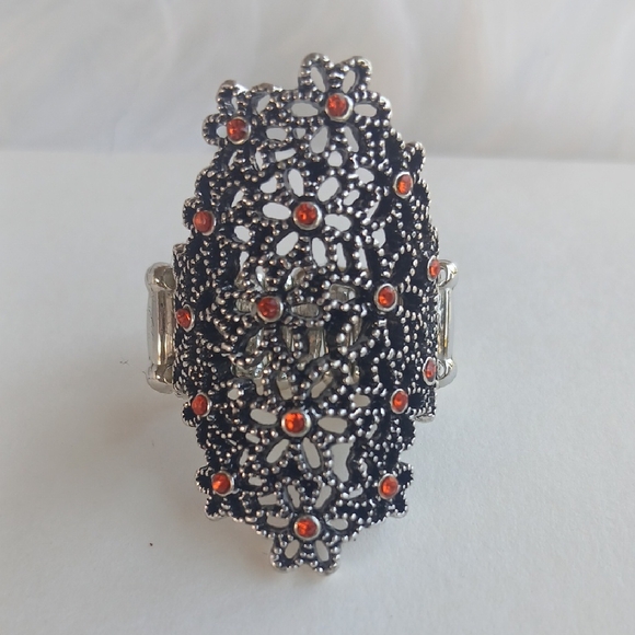 Paparazzi Silver and Orange Floral Ring Strech - Picture 2 of 11